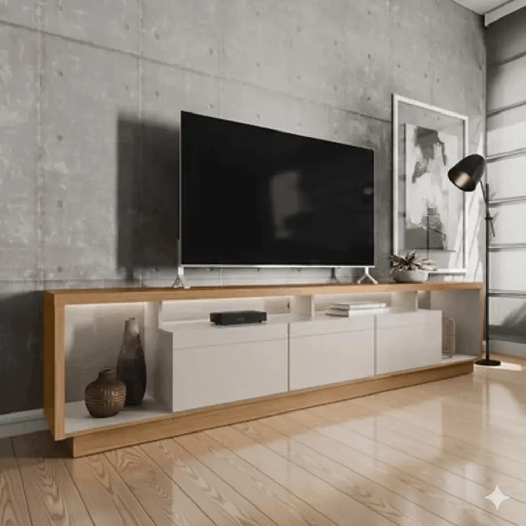 Rack para TV até 75 Polegadas 218cm com 3 Portas e Fita de LED Cronos CabeCasa MadeiraOriginals Nature/Off White