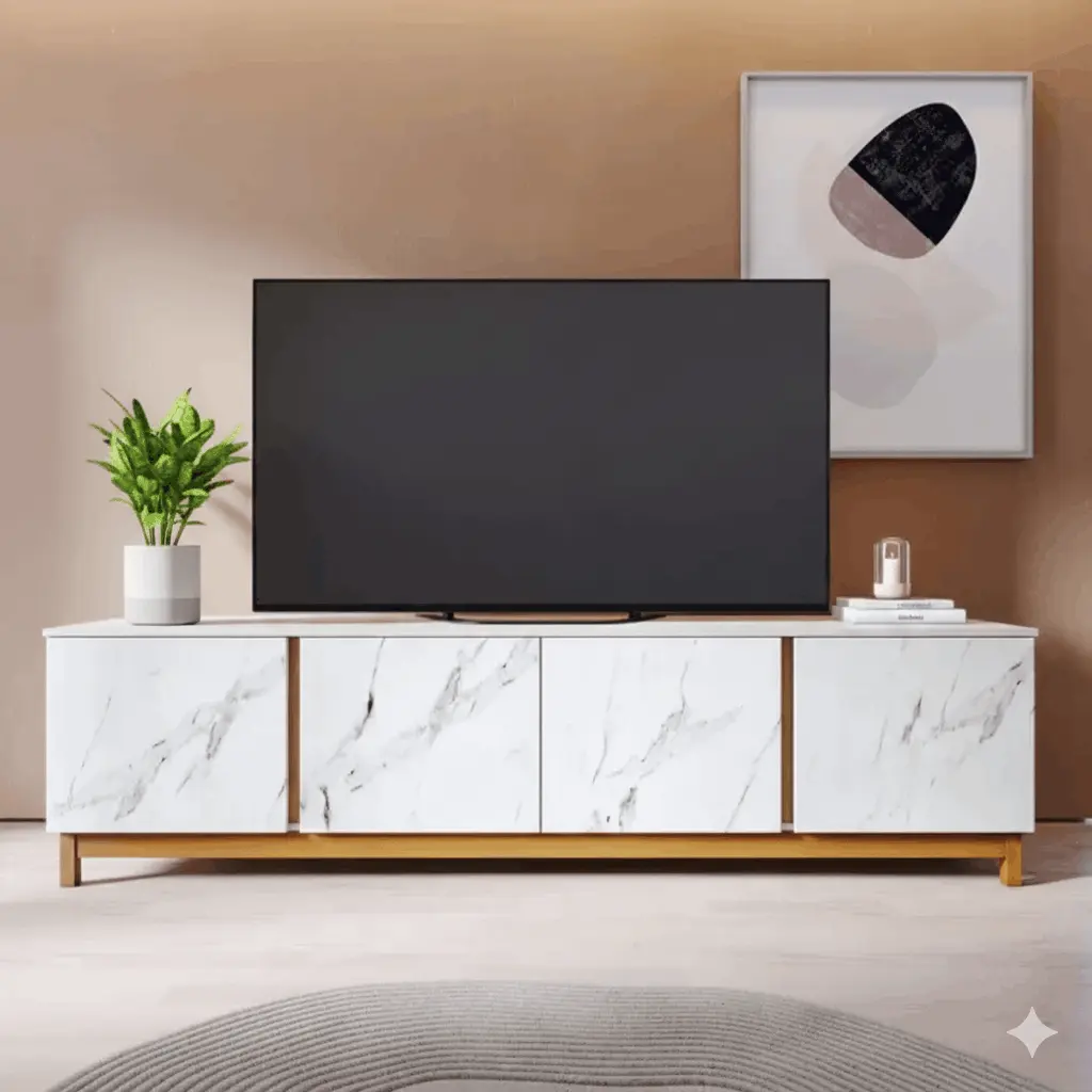 Rack para TV até 82 Polegadas 4 Portas Marmorizado Ibiza Yescasa Off White Matte/Calacatta/Freijó