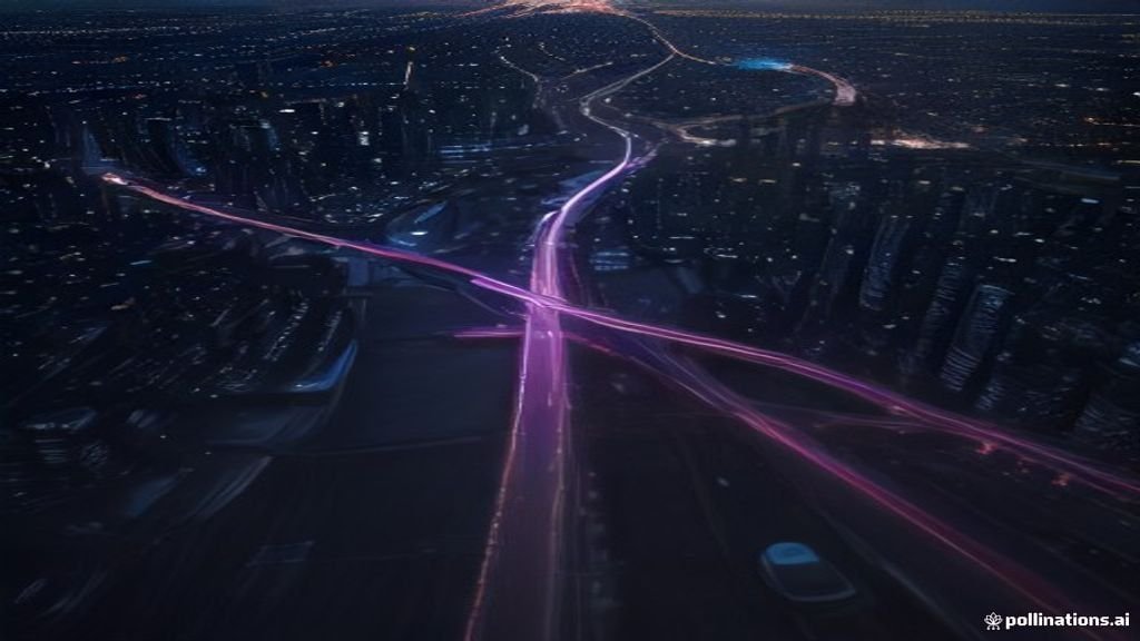 A modern smart city illuminated by digital connectivity representing 5G infrastructure.
