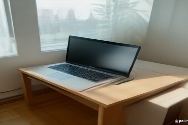 A professional laptop set up on a clean desk workspace.